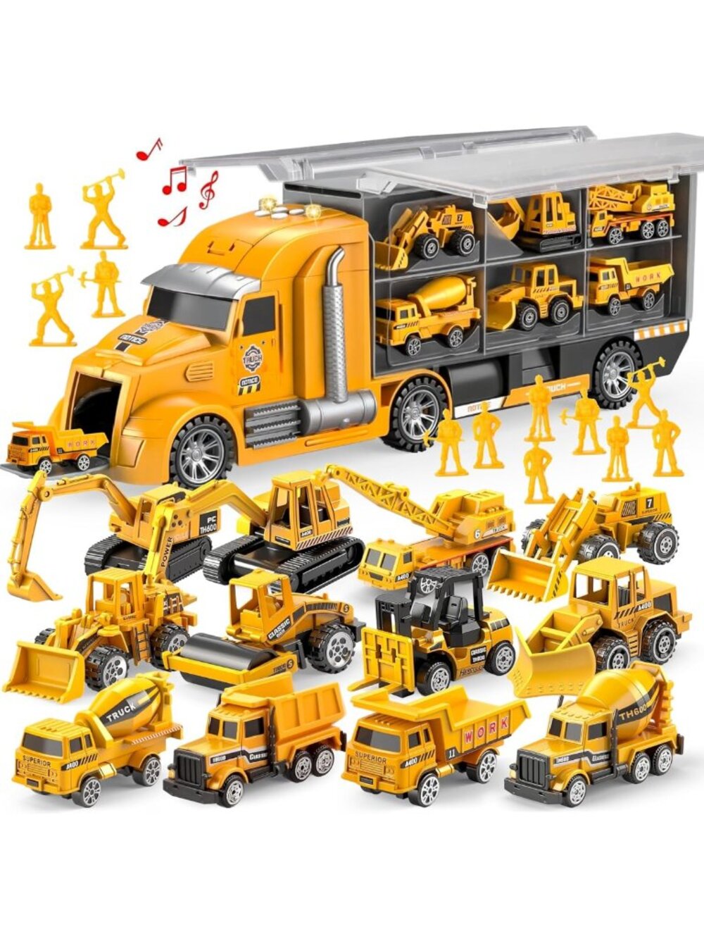 25-in-1 Construction Truck Toy Set with 12 Vehicles & Workers, Sound & Light